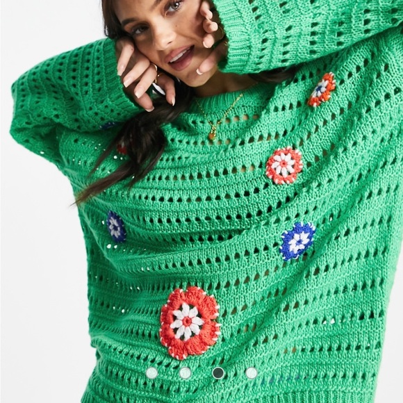 ASOS Green Crochet Sweater with Floral Detail – Size 4 - Picture 3 of 9